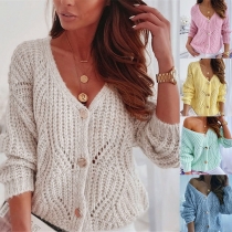 Fashion Solid Color Long Sleeve V-neck Hollow Out Knit Cardigan