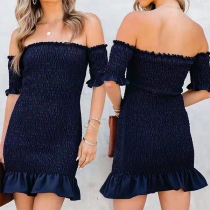 Sexy Off-shoulder Boat Neck Short Sleeve Fishtail Hem Slim Fit Wrinkled Dress