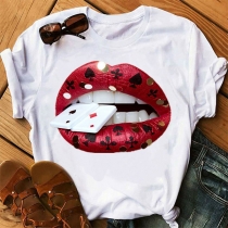 Chic Style Red-lip Printed Pattern Short Sleeve Round Neck Loose T-shirt