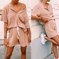 Simple Style Short Sleeve V-neck Loose Top + Shorts Two-piece Set