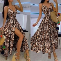 Sexy Backless V-neck Slit Hem High Waist Leopard Printed Sling Dress