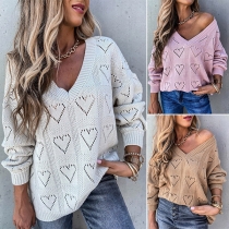 Fashion Solid Color Long Sleeve V-neck Hollow Out Heart Sweater