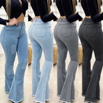 Fashion High Waist Flared Hem Slim Fit Ripped Jeans