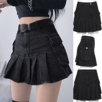 Fashion High Waist Pleated Hem Side-pocket Slim Fit A-line Denim Skirt