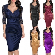 Sexy Lace Spliced Half Sleeve V-neck Slim Fit Dress