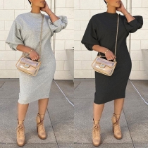 Fashion Half Lantern Sleeve Round Neck Solid Color Sweatshirt Dress