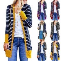 Fashion Contrast Color Long Sleeve Front-button Stripe Cardigan