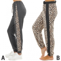 Casual Style Elastic Waist Leopard Printed Sports Pants