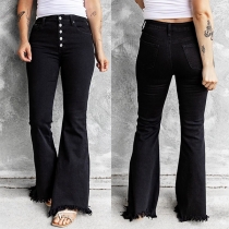 Fashion Solid Color Middle Waist Tassel Leg Opening Slim Fit Flared Pants Jeans