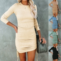 Fashion Solid Color Long Sleeve Round Neck Side-drawstring Slim Fit Dress