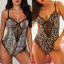 Sexy Backless V-neck Lace Spliced Leopard/Serpentine Printed Sling Bodysuit