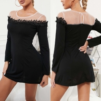 Sexy Lace Gauze Spliced Long Sleeve Round Neck Slim Fit Dress