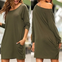 Simple Style Long Sleeve Oblique Shoulder Solid Color Loose Dress