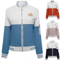 Fashion Contrast Color Long Sleeve Stand Collar Jacket