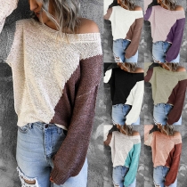 Fashion Contrast Color Long Sleeve Round Neck Loose Sweater