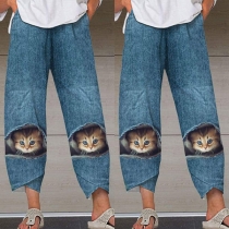 Cute Cat Printed Pattern High Waist Lantern Pants