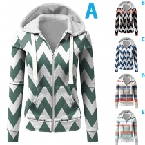 Fashion Contrast Color Long Sleeve Hooded Stripe Sweatshirt Coat