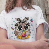 Cute Cartoon Owl Printed Short Sleeve Round Neck Loose T-shirt