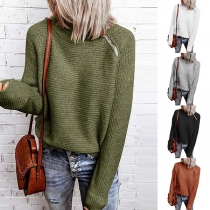Fashion Solid Color Long Sleeve Oblique-zipper Mock Neck Sweater