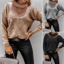 Fashion Gauze Spliced Long Sleeve Round Neck Solid Color Sweater