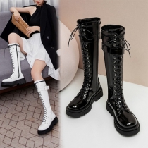 Retro Style Thick Sole Round Toe Lace-up Buckle Knight Boots