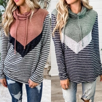 Casual Style Contrast Color Stripe Long Sleeve Cowl Neck Hooded Sweatshirt