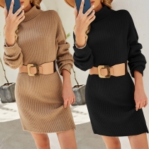 Fashion Solid Color Long Sleeve Turtleneck Slim Fit Sweater Dress