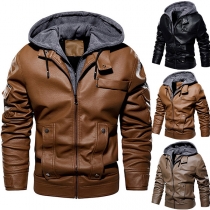 Fashion Solid Color Long Sleeve Hooded Man's PU Leather Coat