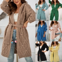 Fashion Solid Color Long Sleeve Hooded Knit Cardigan with Waist Strap