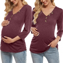 Fashion Solid Color Button V-neck Solid Color Maternity T-shirt