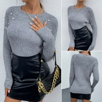 Fashion Solid Color Long Sleeve Round Neck Beaded Knit Top