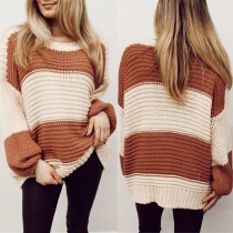Fashion Contrast Color Long Sleeve Round Neck Loose Sweater