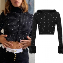 Fashion Faux Fur Spliced Cuff Long Sleeve Hooded Star Embroidery Knit Coat