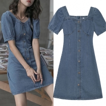 Retro Style Short Sleeve Square Collar Front-button Slim Fit Denim Dress