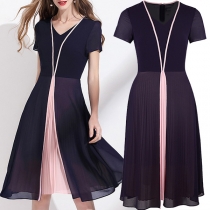 Elegant Style Short Sleeve V-neck Contrast Color Pleated Hem Chiffon Dress