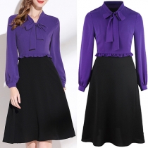 OL Style Lace-up Bow-knot Collar Long Sleeve Shirt + Skirt Two-piece Set