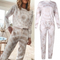 Fashion Long Sleeve Round Neck Tie-dye Printed Sweatshirt + Pants Two-piece Set