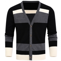 Fashion Contrast Color Long Sleeve V-neck Man's Knit Cardigan