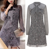 Sweet Style Gauze Spliced Long Sleeve Lace-up Bow-knot Collar Slim Fit Dress