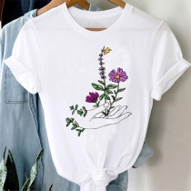 Casual Style Short Sleeve Round Neck Plant Pattern Loose T-shirt