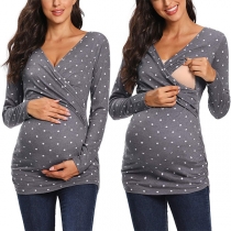 Fashion Long Sleeve V-neck Dots Printed Maternity Lactation T-shirt