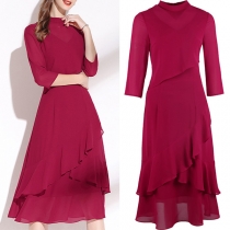 Elegant Solid Color 3/4 Sleeve Irregular Mock Neck Ruffle Hem Solid Color Chiffon Dress