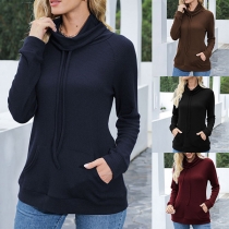 Fashion Solid Color Long Sleeve Drawstring Cowl Neck Sweatshirt