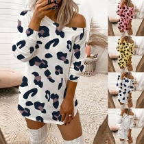 Sexy Oblique Shoulder Long Sleeve Leopard/Butterfly Printed T-shirt Dress