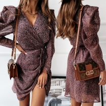 Sexy Puff Sleeve Deep V-neck Irregular Hem Leopard Printed Dress