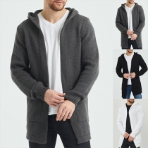 Fashion Solid Color Long Sleeve Hooded Man's Knit Cardigan