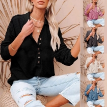 Fashion Solid Color Long Sleeve POLO Collar Front-button Loose T-shirt