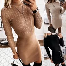 Fashion Solid Color Long Sleeve Round Neck Slim Fit Knit Dress