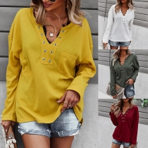 Simple Style Long Sleeve Keyhole V-neck Solid Color Loose T-shirt