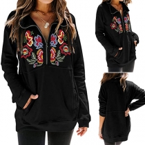 Fashion Solid Color Long Sleeve Stand Collar Embroidery Sweatshirt